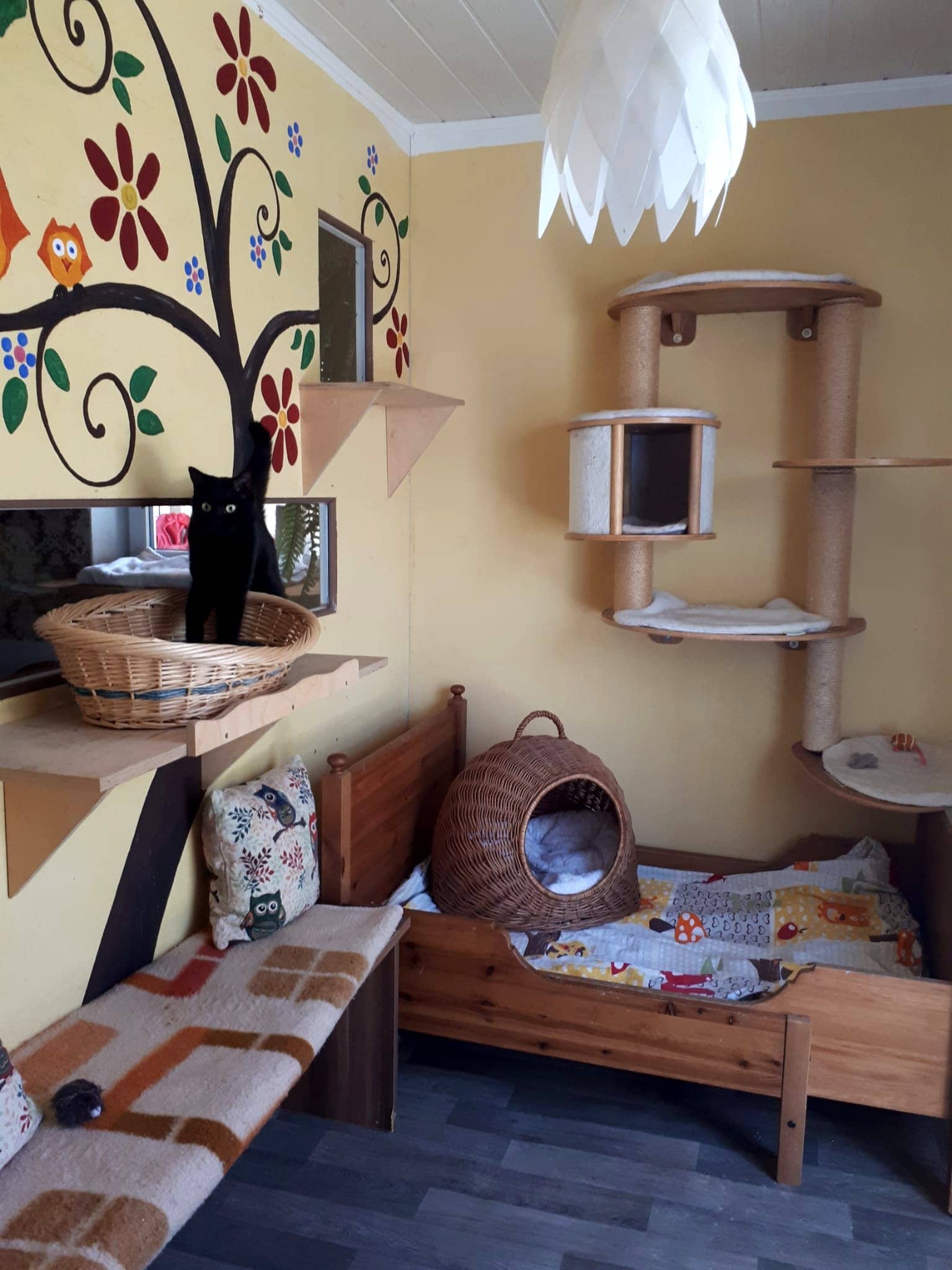 Gesellschaftsraum mit Blumenmalerei, Sofa und Kletterebenen